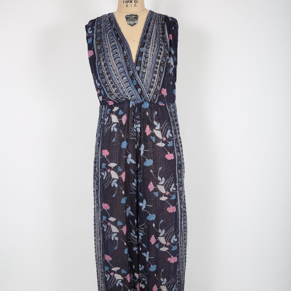 Vintage 70s Boho Jumpsuit Blue with Floral Block Print Sheer Cotton Gauze Lurex